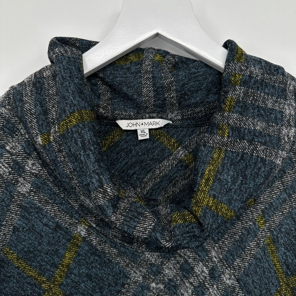 John Mark Sweater Top Shirt Size XL Stretch Knit Cowl Neck 3/4 Sleeve Plaid Boho - Picture 3 of 12